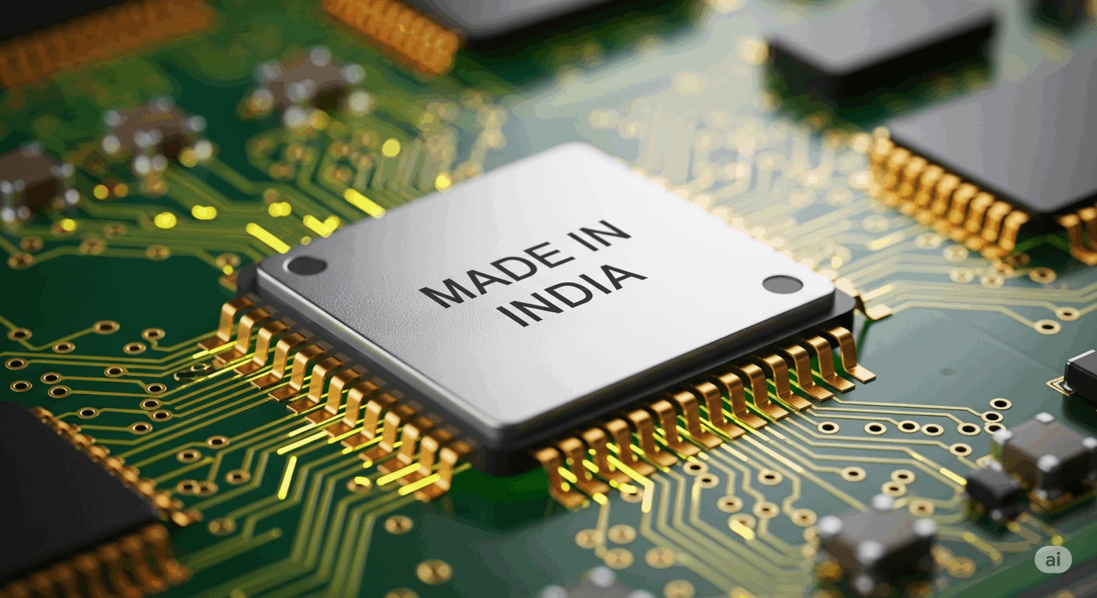 Made in India semiconductor chip on circuit board highlighting domestic electronics manufacturing.